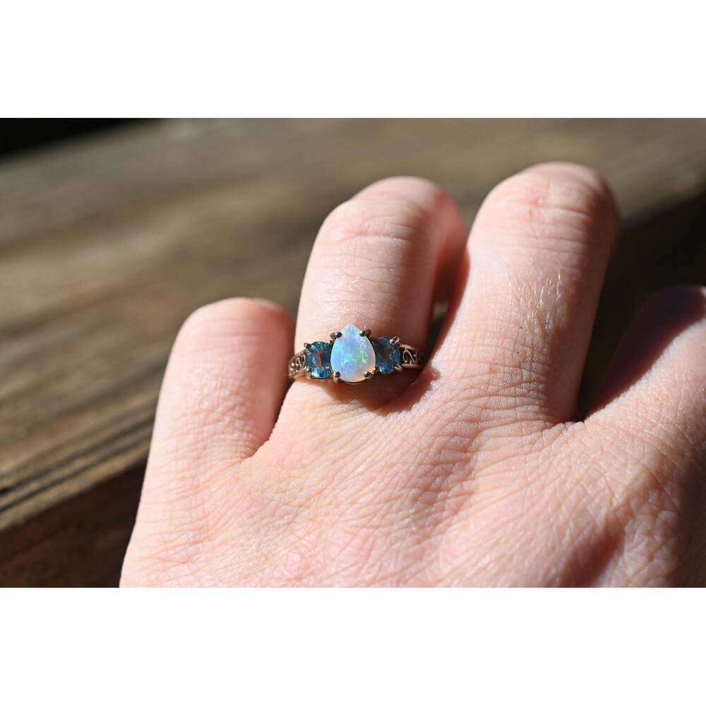 Size 8 solid 10k white gold Ethiopian opal and blue apatite engagement ring